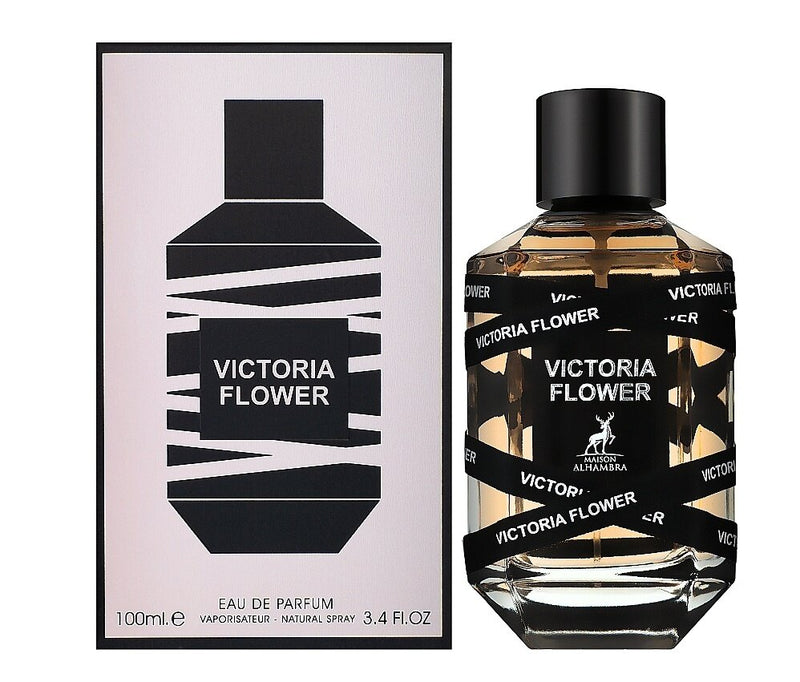 Frasco do perfume Victoria Flower Maison Al Hambra EDP 100ml, família amadeirado e âmbar.