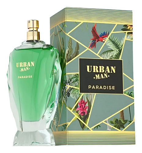 Frasco do perfume Perfume Paradise Urban Man Fragrance World 100ml EDP Masculino, família amadeirado e âmbar.