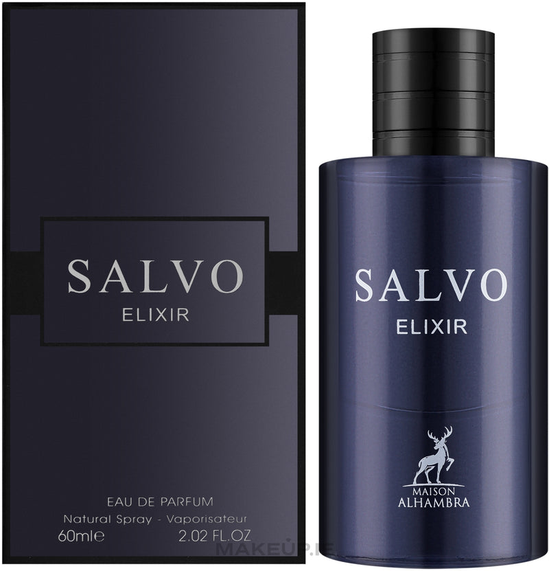 Frasco do perfume Salvo Elixir Maison Al Hambra Eau De Parfum 100ml Masc, família doce/gourmand e âmbar.