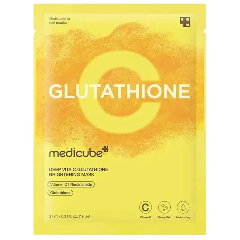 Frasco do perfume Deep Vitamina C Glutathione Cbrightening Mask Medicube 27ml, família amadeirado e âmbar.