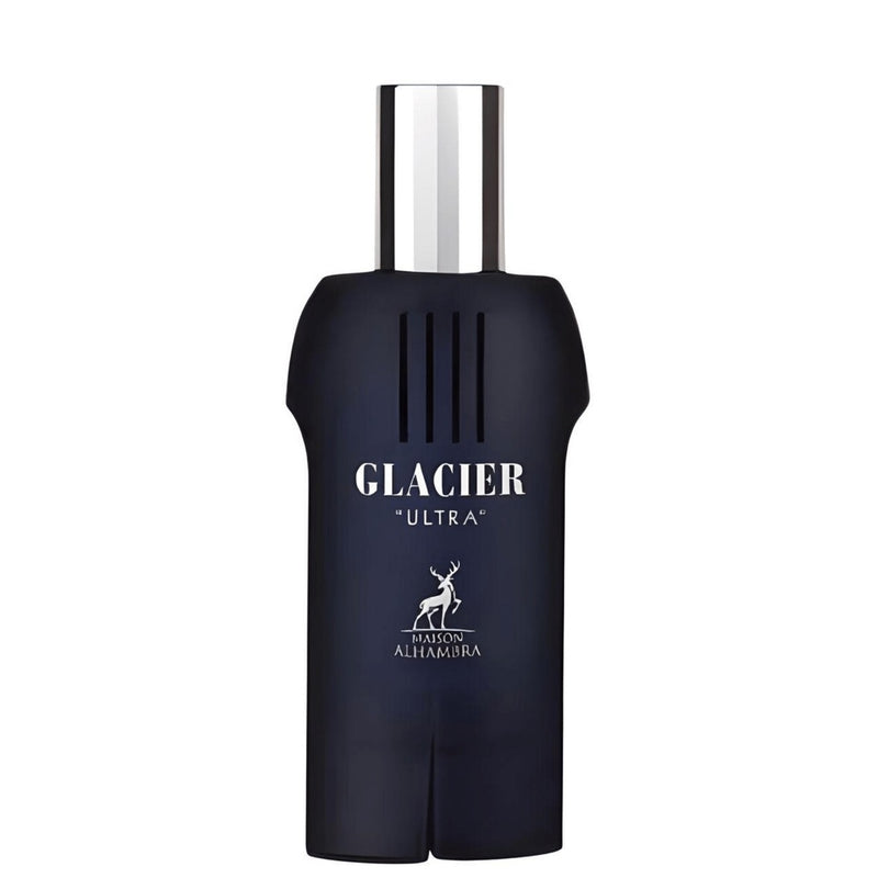 Frasco do perfume Glacier Ultra Maison Al Hambra 100ml Masculino, família amadeirado e âmbar.