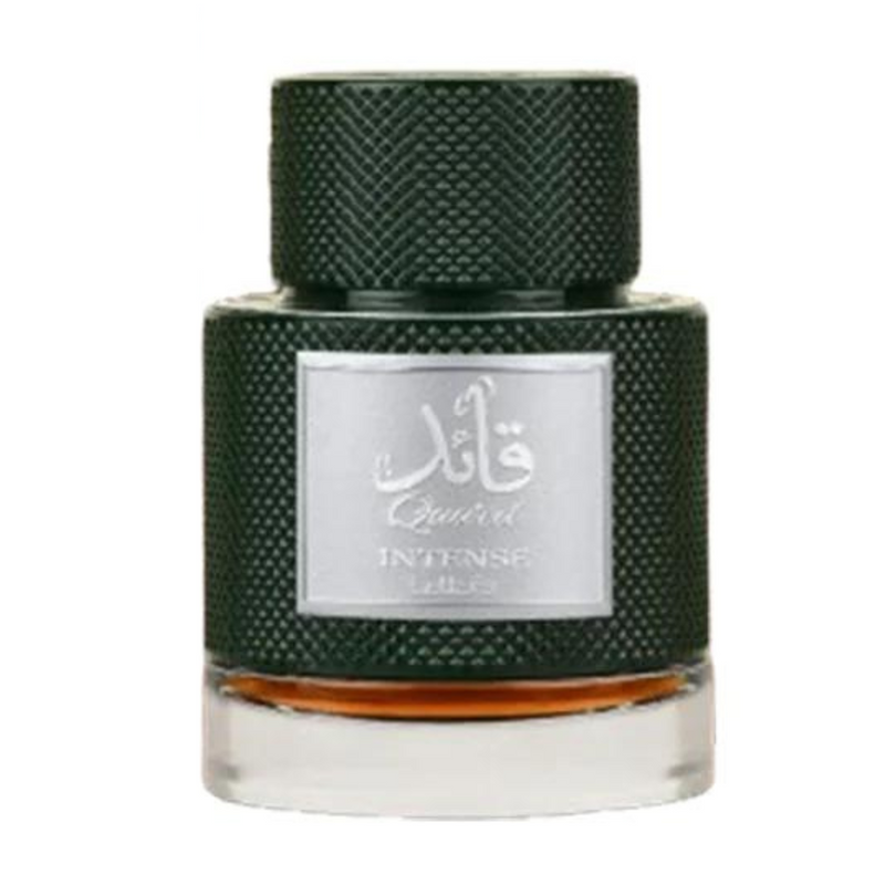 Frasco do perfume Qaaed Intense Lattafa EDP100ml Masculino, família amadeirado e âmbar.