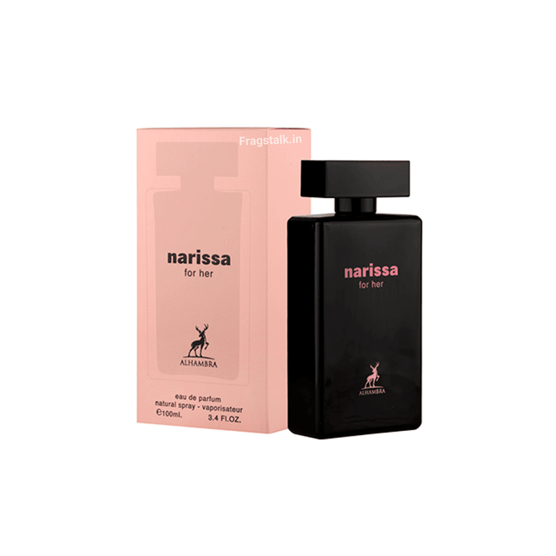 Frasco do perfume Narissa for her Maison Al Hambra EDP 100ml, família amadeirado e âmbar.