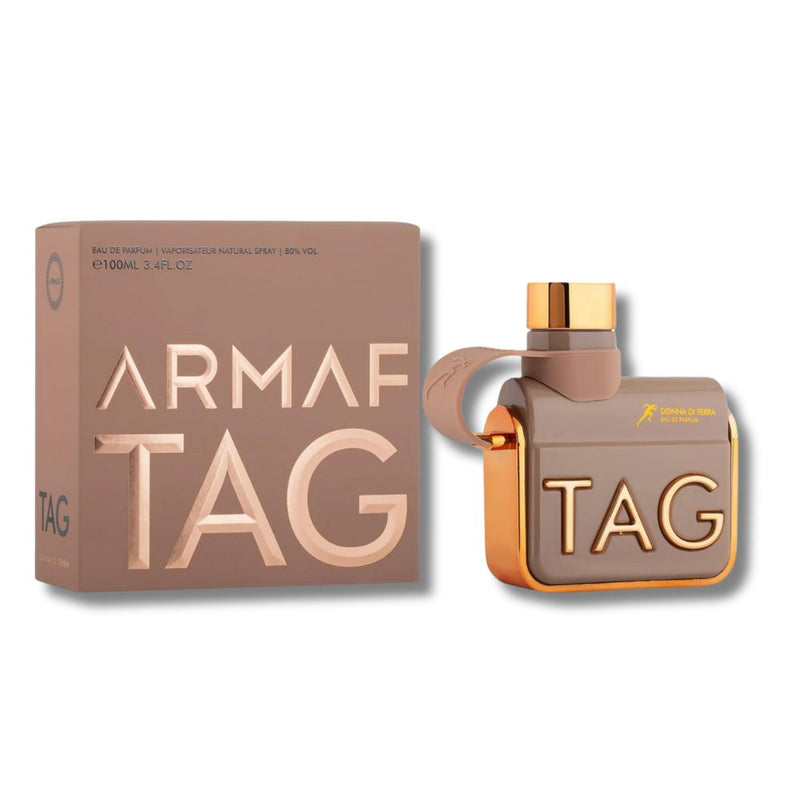 Frasco do perfume Tag Donna Di Terra Armaf Eau de Parfum 100ml Feminino, família floral e doce/gourmand.