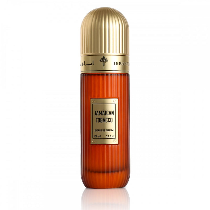 Frasco do perfume Jamaican Tobacco Ibraheem AlQurashi Extrait De Parfum 100ml, família tabaco e amadeirado.