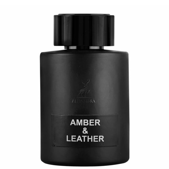 Frasco do perfume Amber And Leather Maison Al Hambra EDP 100ml, família couro e âmbar.