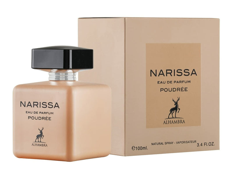 Frasco do perfume Narissa Poudree EDP Maison Al Hambra 100ml fem, família amadeirado e âmbar.