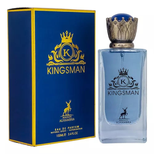 Frasco do perfume Kingsman Maison Al Hambra EDP 100ml, família amadeirado e âmbar.