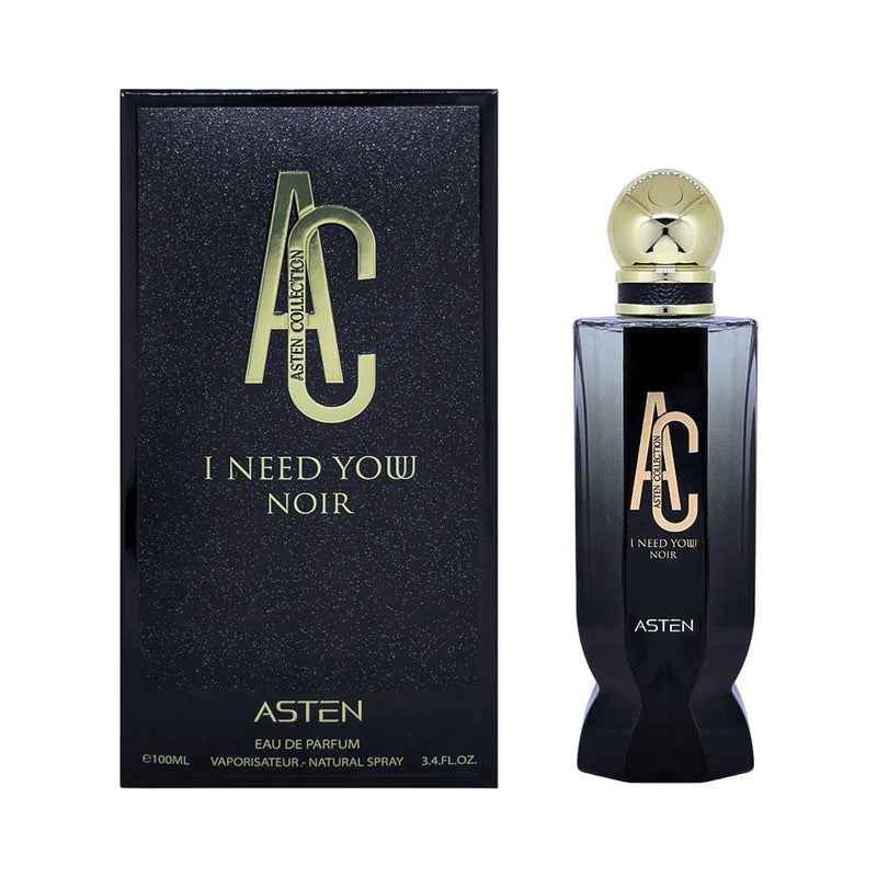 Frasco do perfume Asten I Need You Noir Asten Eau De Parfum 100ml Feminino, família floral e doce/gourmand.
