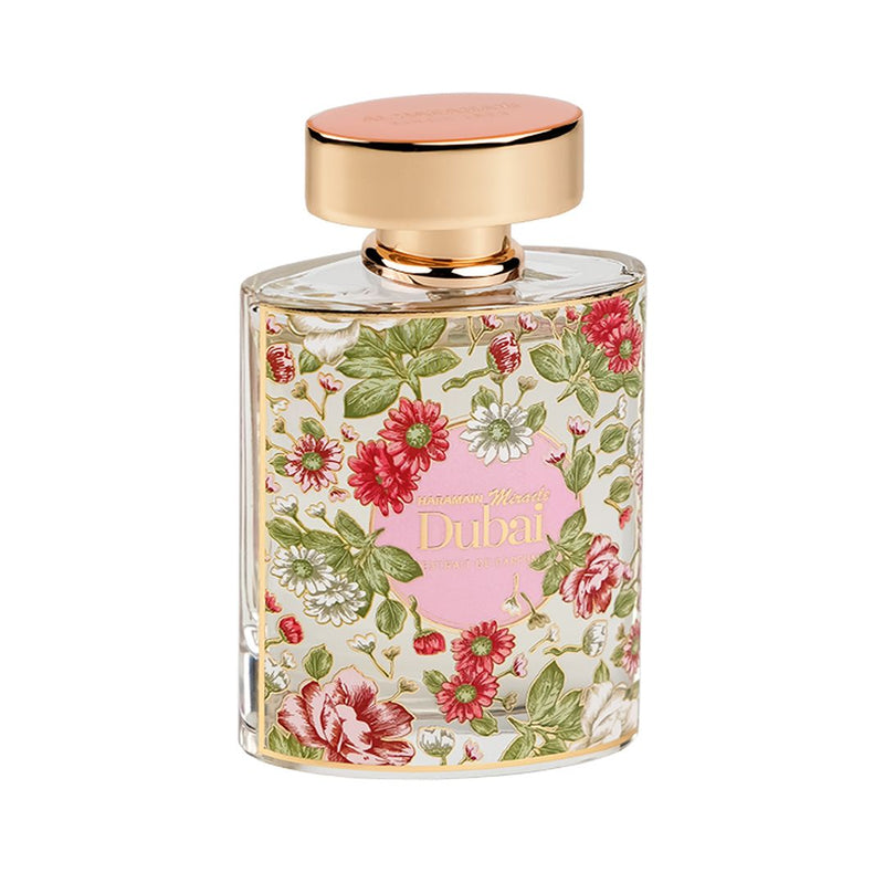 Frasco do perfume Al Haramain Miracle Dubai Extrait De Parfum 100ml, família amadeirado e âmbar.