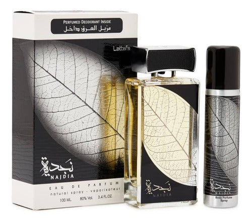 Frasco do perfume Najdia Lattafa Eau De Parfum 100ml Unisex, família amadeirado e âmbar.