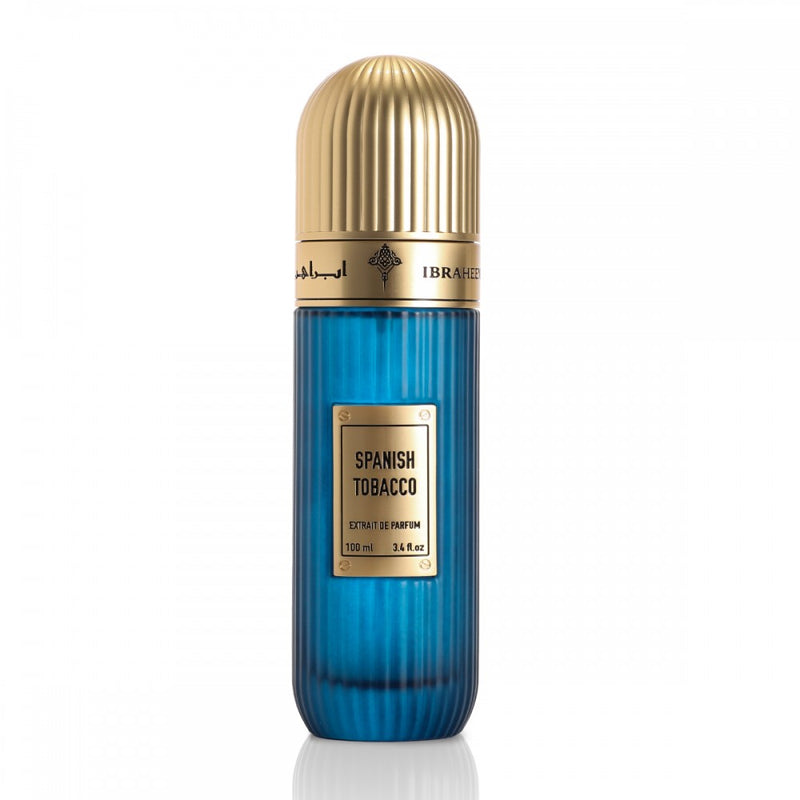 Frasco do perfume Spanish Tobacco Ibraheem AlQurashi Extrait De Parfum 100ml, família aquático e tabaco.