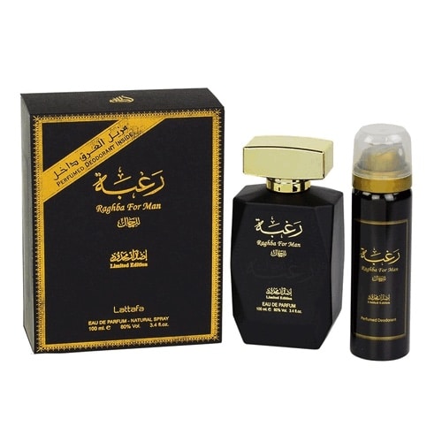 Frasco do perfume Raghba For Man Lattafa EDP 100ml + Deo Limited Edition, família amadeirado e âmbar.