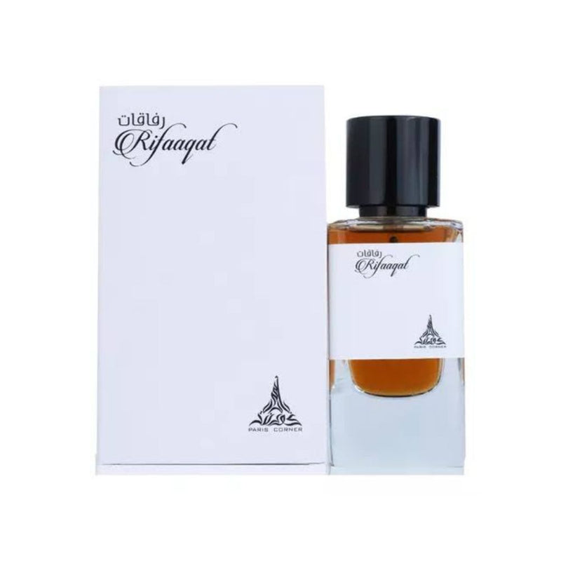 Frasco do perfume Rifaaqat Paris Corner Eau De Parfum 85ml Unisex, família amadeirado e âmbar.