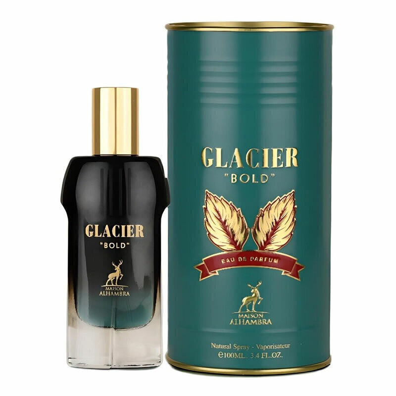 Frasco do perfume Glacier Bold Maison Al Hambra EDP 100ml Masculino, família amadeirado e âmbar.