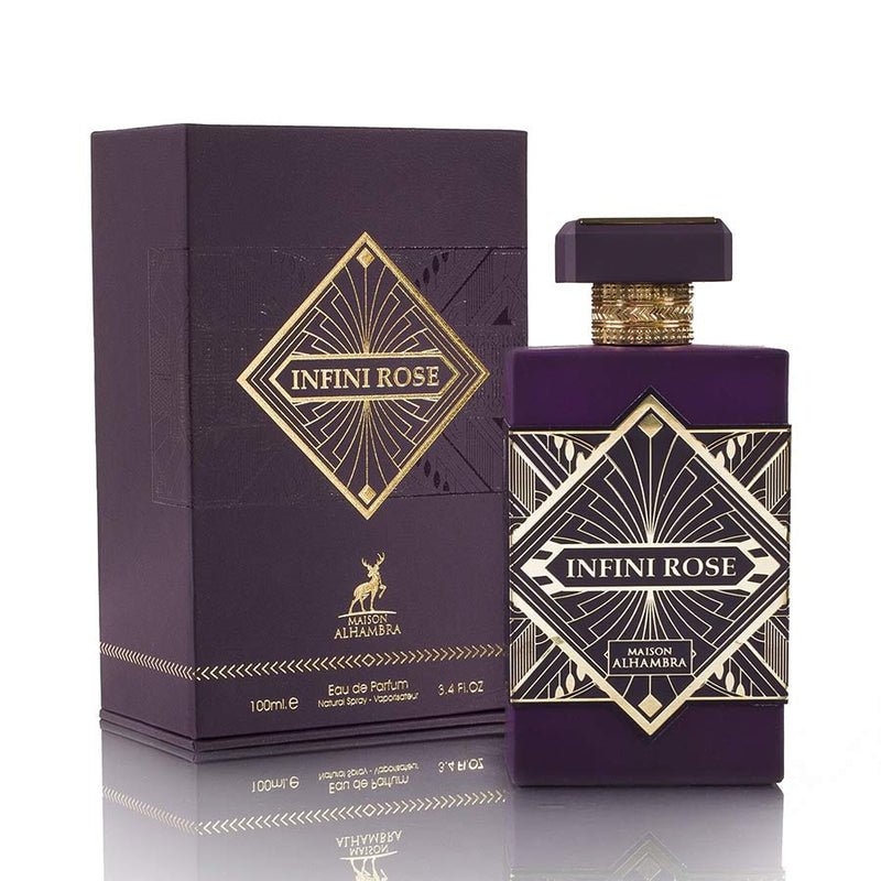 Frasco do perfume Infini Rose Maison Al Hambra EDP 100ml Unisex, família floral e doce/gourmand.