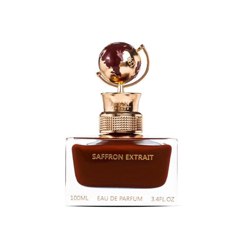Frasco do perfume Saffron Extrait Aurora Scents Eau De Parfum 100ml Unisex, família especiado e amadeirado.