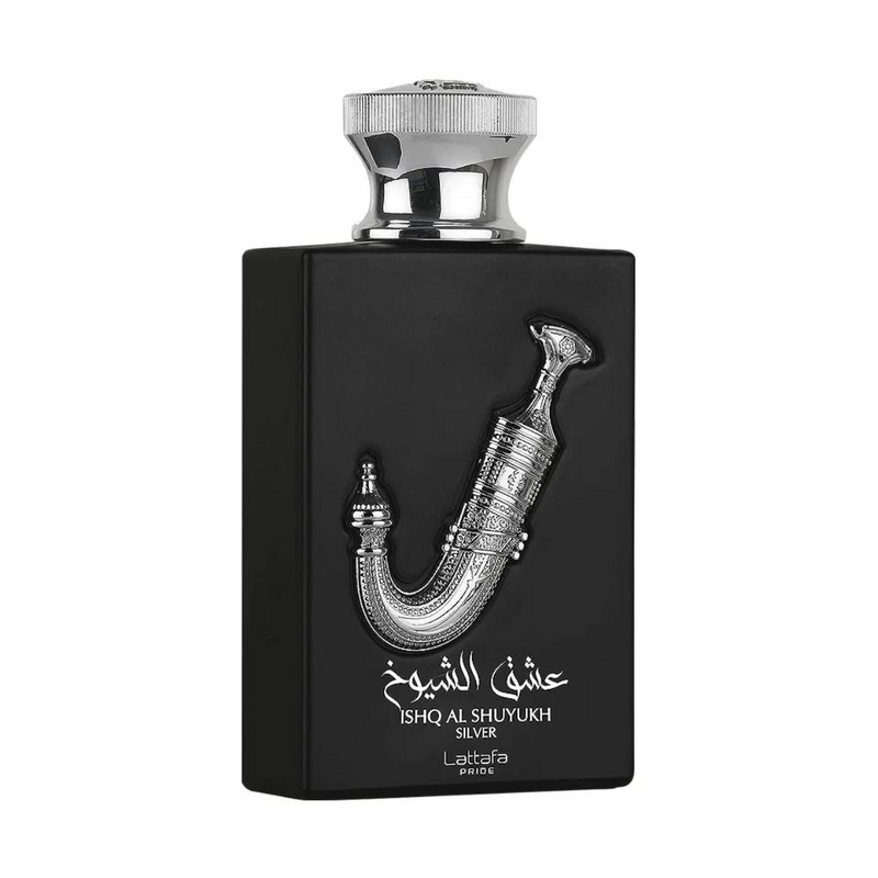 Frasco do perfume Ishq Al Shuyukh Silver Lattafa Eau De Parfum 100ml, família amadeirado e âmbar.