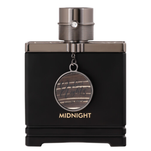 Frasco do perfume Dubai Nights Midnight Armaf  Edp 100ml Masculino, família amadeirado e âmbar.