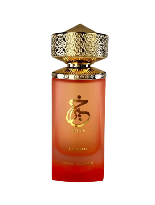 Frasco do perfume Khair Fusion Paris Corner Eau De Parfum 100ml, família amadeirado e âmbar.
