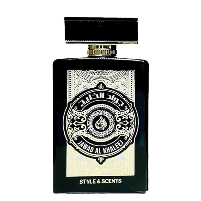 Frasco do perfume Jawad Al Khaleej Style 100ml EDP, família amadeirado e âmbar.