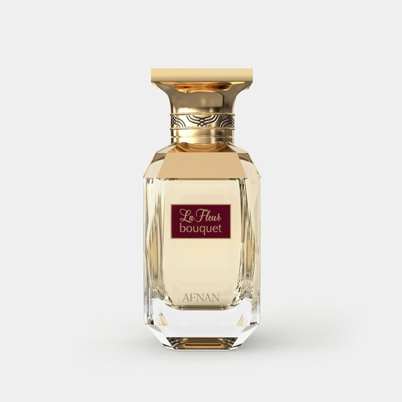 Frasco do perfume La Fleur Bouquet Afnan Eau De Parfum 80ml Feminino, família floral e doce/gourmand.