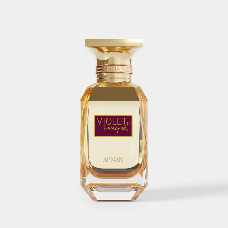 Frasco do perfume Violet Bouquet Afnan Eau De Parfum 80ml Feminino, família floral e doce/gourmand.