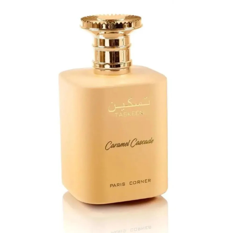 Frasco do perfume Taskeen Caramel Cascade Paris Corner EDP 100ml Unisex, família doce/gourmand e floral.
