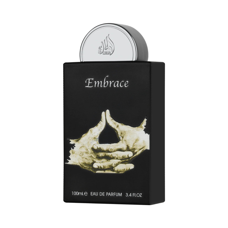 Frasco do perfume Embrace Lattafa EDP 100ml, família amadeirado e âmbar.