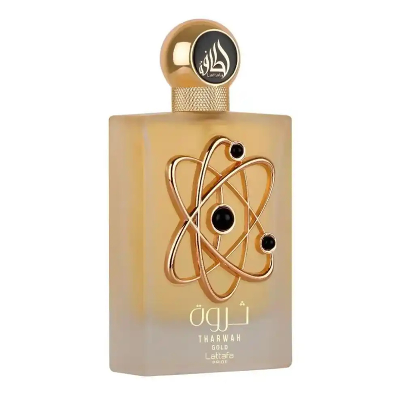 Frasco do perfume Tharwah Gold Lattafa Pride Edp 100ml Feminino, família âmbar e amadeirado.
