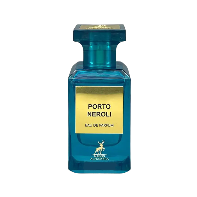 Frasco do perfume Porto Neroli Maison Al Hambra EDP 80ml, família cítrico e aquático.