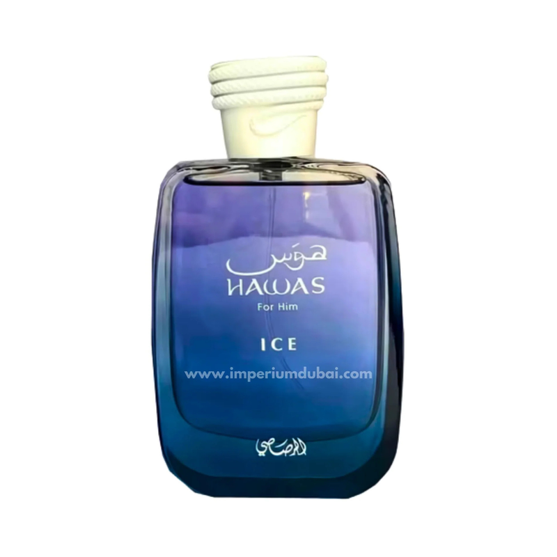 Frasco do perfume Hawas Ice Rasasi 100ml EDP Masculino, família aquático e amadeirado.