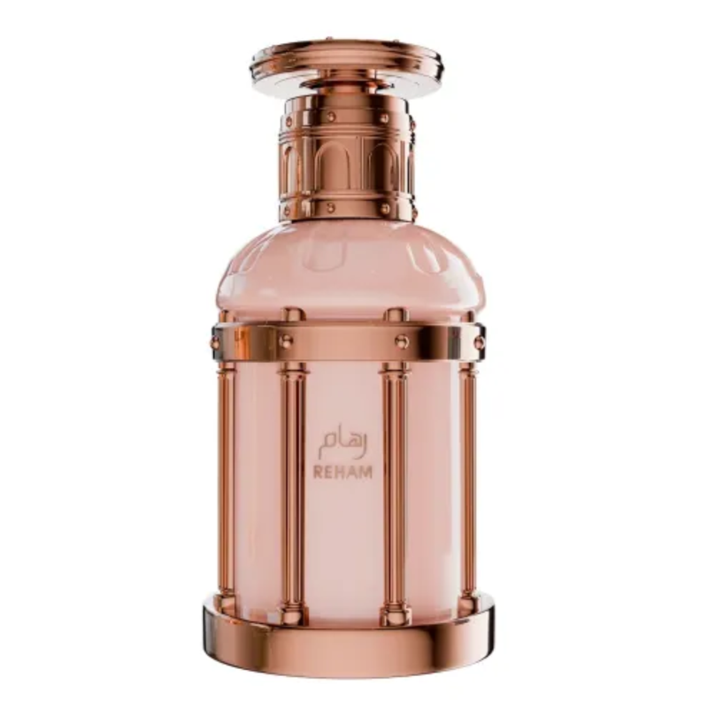 Frasco do perfume Reham Rose Petals Paris Corner 100ml EDP Feminino, família floral e doce/gourmand.