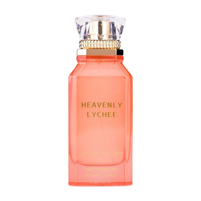Frasco do perfume Heavenly Lychee Gulf Orchid EDP 100ml, família amadeirado e âmbar.