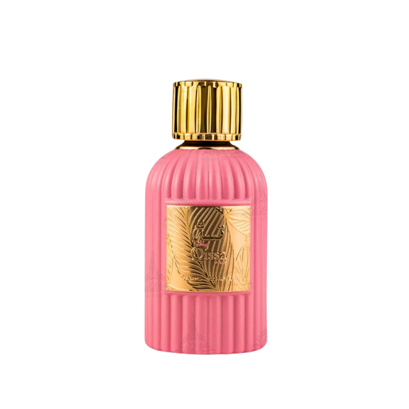 Frasco do perfume Qissa Pink Paris Corner Eau De Parfum 100ml Feminino, família floral e doce/gourmand.