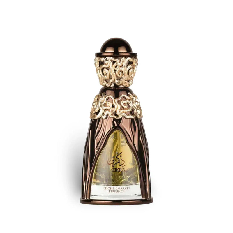 Frasco do perfume Zikra Lattafa Eau De Parfum 100ml Unisex, família amadeirado e âmbar.