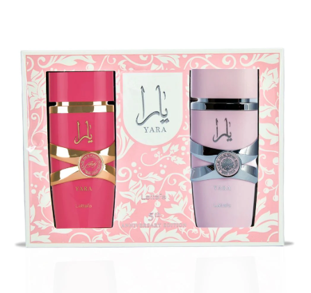 Frasco do perfume Conjunto Lattafa Yara EDP 100ml + Yara Candy EDP 100ml, família doce/gourmand e floral.