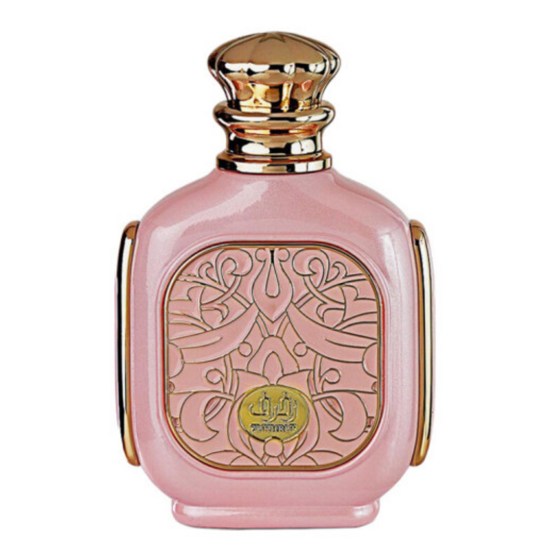 Frasco do perfume Zukhruf Pink Zimaya Eau De Parfum 100ml Feminino, família floral e doce/gourmand.