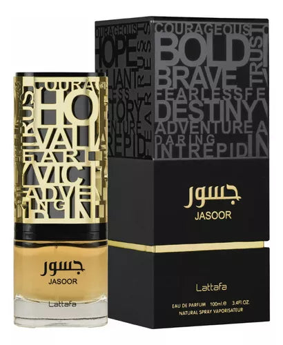 Frasco do perfume Jasoor Lattafa EDP 100ml, família amadeirado e âmbar.