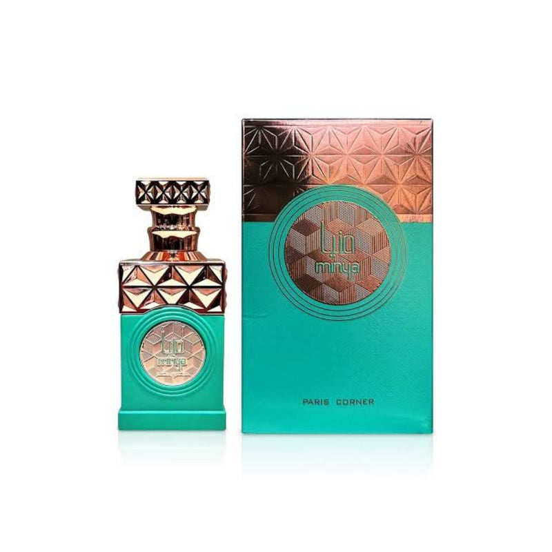 Frasco do perfume Minya Paris Corner EDP 100ml Unisex, família amadeirado e âmbar.