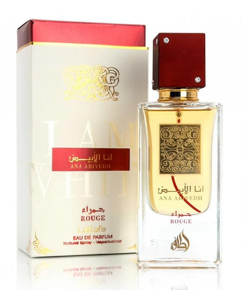Frasco do perfume Ana Abiyedh Rouge Lattafa 60ml EDP, família doce/gourmand e floral.