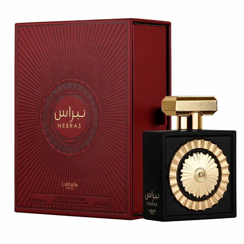 Frasco do perfume Nebras Pride Lattafa Eau De Parfum 100ml, família amadeirado e âmbar.