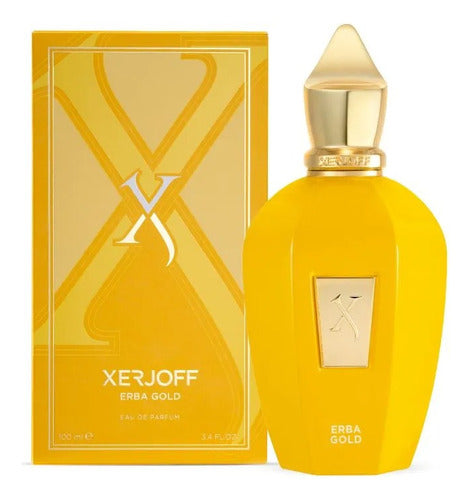 Frasco do perfume Perfume Erba Gold Xerjoff 100ml EDP Unissex Frutado, família âmbar e amadeirado.