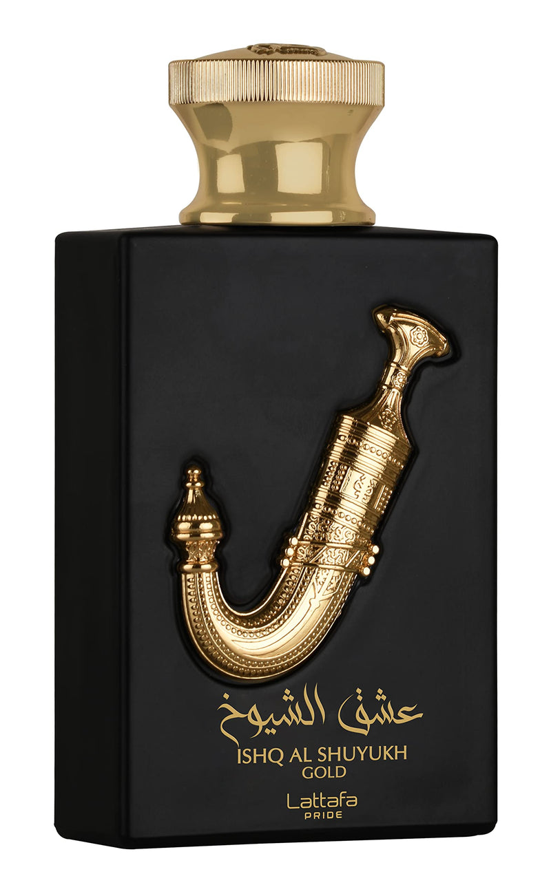 Frasco do perfume Ishq Al Shuyukh Gold Lattafa Eau De Parfum 100ml, família âmbar e amadeirado.