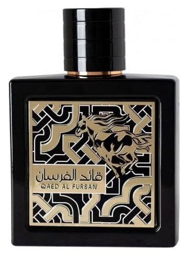 Frasco do perfume Qaed Al Fursan Lattafa Edp 90ml Masculino, família amadeirado e âmbar.