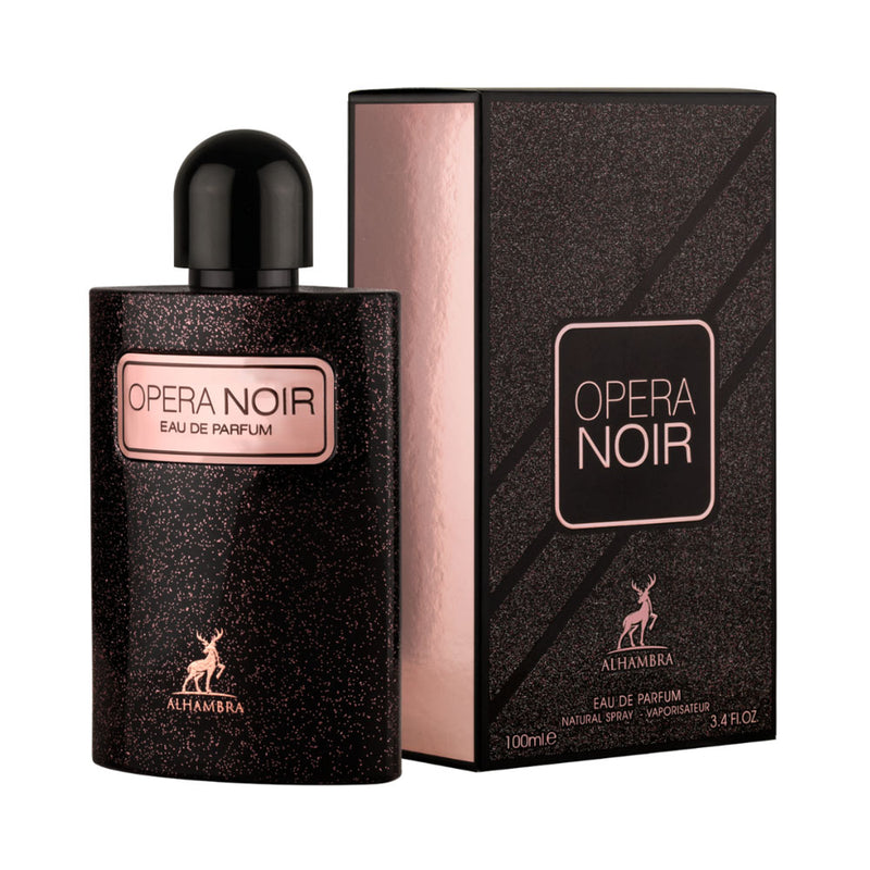 Frasco do perfume Opera Noir Maison AL Hambra EDP 100ml Feminino, família floral e doce/gourmand.
