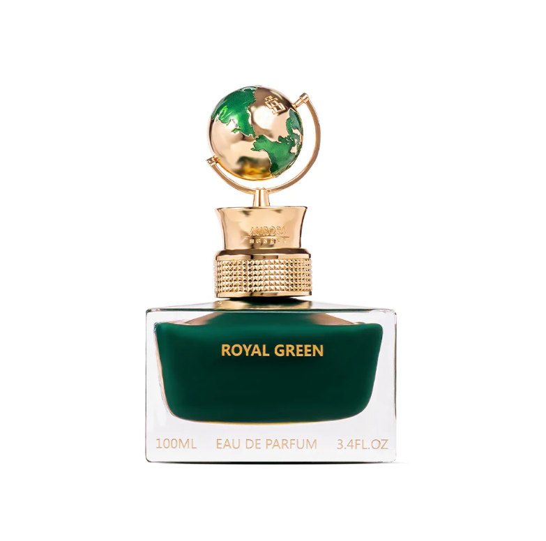 Frasco do perfume Royal Green Aurora Scents Eau De Parfum 100ml Unisex, família âmbar e amadeirado.