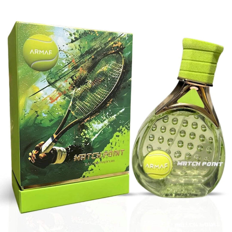 Frasco do perfume Armaf Match Point Eau de Parfum 100ml Unissex, família amadeirado e âmbar.
