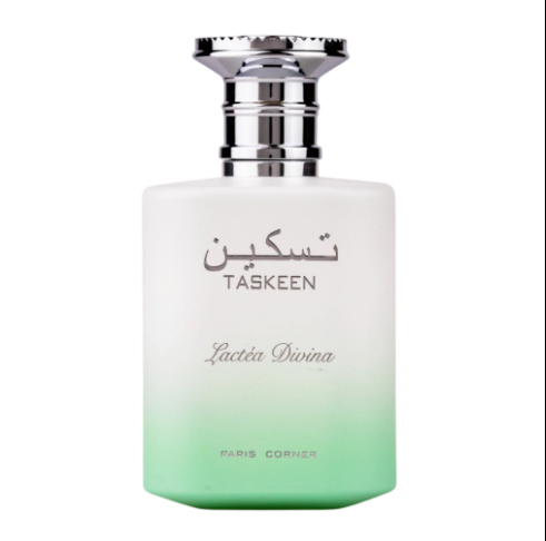 Frasco do perfume Taskeen Lactea Divina Paris Corner EDP 100ml Unisex, família amadeirado e âmbar.