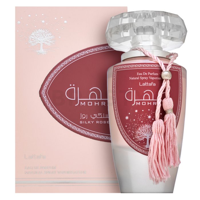 Frasco do perfume LATTAFA MOHRA SILKY ROSE EDP 100ML, família floral e doce/gourmand.